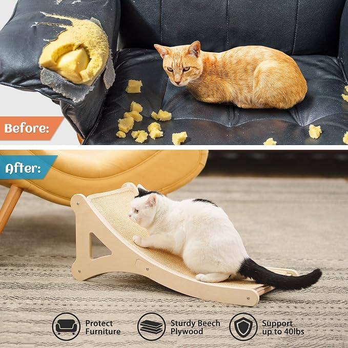 PETKARAY Curved Cat Scratcher, Sisal Kitty Scratching Ramp, L Shape Scratch Pad for Indoor Cats, 25.6" Furniture Protector with Mouse Toy, Chevron Style