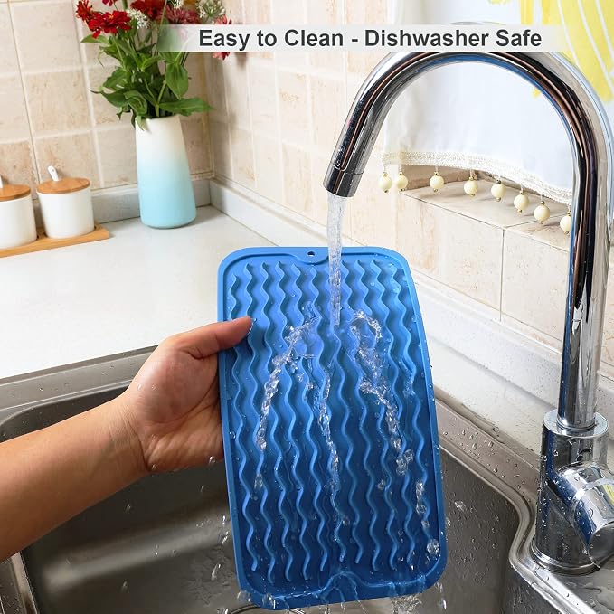 ZLR Silicone Sink Caddy Tray (6" x 12" / 153 x 305mm) - Narrow Sponge Holder for Kitchen Counter - Waterproof Dish Drying Mat, Non-Slip Soap Dispenser Mat & Bathroom Vanity Organizer (Lichen Blue)