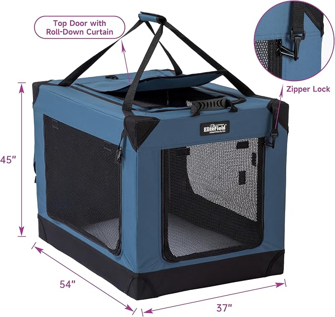 EliteField 4-Door Folding Soft Dog Crate (2-Year Warranty) with Aluminum Frame, Top Curtain, Carrying Bag, and Fleece Bed, Indoor & Outdoor Pet Home (54" L x 37" W x 45" H, Blue Gray)