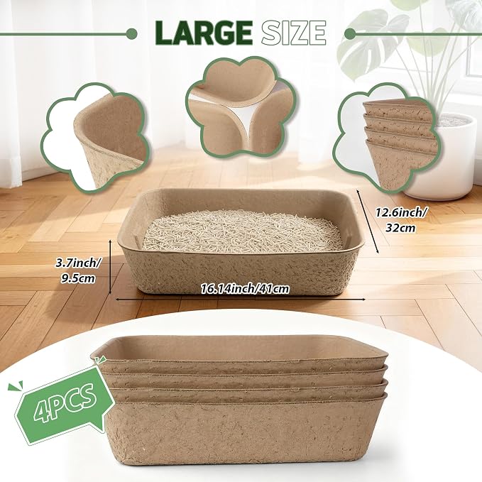 Disposable Litter Boxes for Cats 4-Pack Extra Thick & Sturdy Box Eco-Friendly Cat Travel Cardboard Portable Kitty Litterbox Jumbo Litter Pans for Kitten Leakproof Sustainable for Indoor Outdoor Use