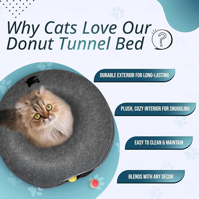 MeowMates Peekaboo Cat Cave Donut Bed for Multiple Cats Upto 45lbs, 3-in-1 Large Cat Tunnel & Donut Bed Combo w Round Tunnel Scratcher for Indoor Cats, Hanging Toy, Washable & Detachable - Dark Grey