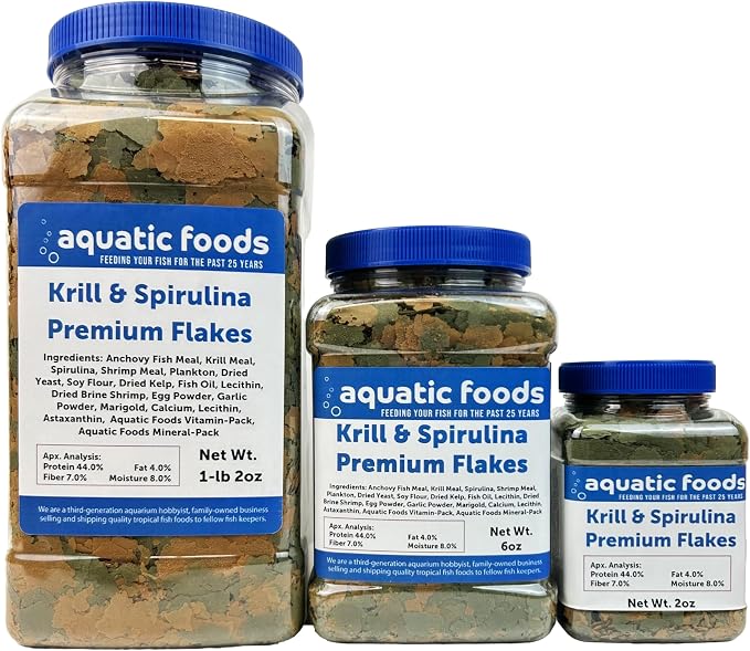 Premium Krill & Spirulina Flakes for Cichlids, Discus, Angels, Tetras, Guppies, Koi, Goldfish, All Tropical Fish Also Pellet Mix, Wafer Mix Included…1-lb 2oz
