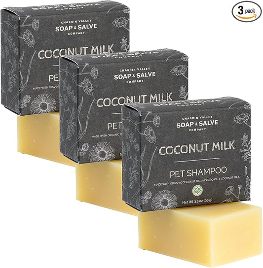 Chagrin Valley Soap & Salve Organic Natural Dog & Pet Shampoo – Unscented & Moisturizing for Dogs with Dry, Sensitive or Itchy Skin – Coconut Milk Conditions the Coat - 3.8 OZ Bar 3PK