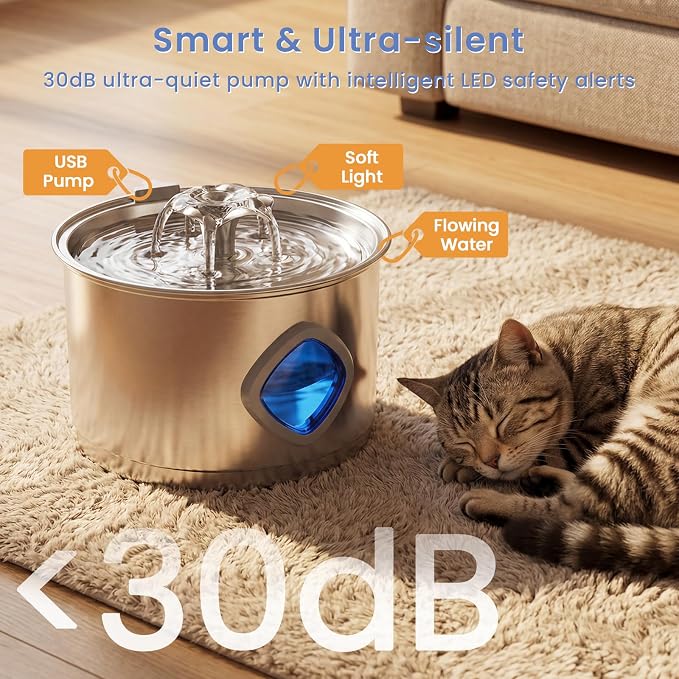 Stainless Steel Cat Water Fountain, 95oz/2.8L Automatic Cat Water Dispenser with 3 Replacement Filters, Pet Fountain for Cats Dogs Indoor, Water Level Window, Quiet Water Pump