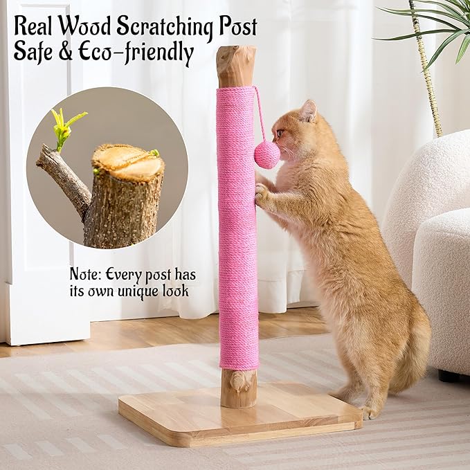29" Tall Solid Wood Cat Scratching Post for Indoor Cats, Extra Stable Heavy Base, Natural Sisal Scratcher with Hanging Ball, Furniture Protector for Kittens & Adult Cats, Pink