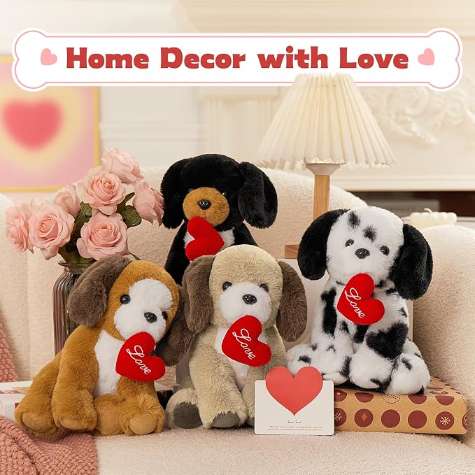 Muiteiur 4 Piece Love Dog Stuffed Animals, 8 Inch Valentines Dog Plush Bulk with Heart, Soft Puppy Plush Toys for Girlfriend Kids, Gift for Girls Kids