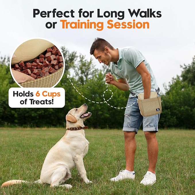 Dog Training Treat Pouch, Magnetic Fanny Pack for Walking, Crossbody Dog Walking Bag with Poop Bag Dispenser, Clicker & Collapsible Bowl - Khaki