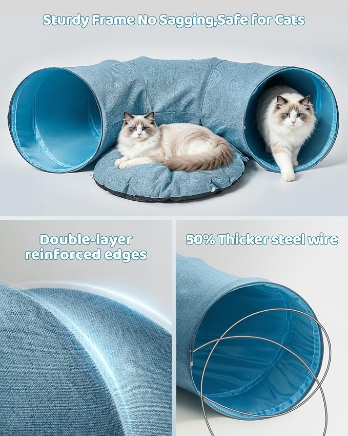 Odoland Linen Cat Tunnels with Central Cat Bed, Interactive Cat Toys Detachable Washable Soft Mat Large Indoor Play Tunnel Cave for Kittens, Cats and Small Animals