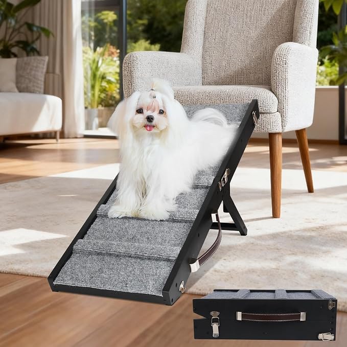 Dog Ramp Dog Stairs for Small Dogs Foldable Ramps with 4 Adjustable Heights from 7.48'' to 15.35" Wood Pet Stairs with Non Slip Carpet Portable Puppy Ramps for Couch, Sofa, Low Bed (Black)