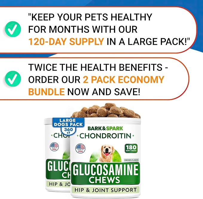 Glucosamine Chondroitin Dog Hip & Joint Supplement - Joint Pain Relief - Hip & Joint Chews for Dogs - Joint Support Large Breed - Senior Doggie Vitamin Pills Joint Health - (360 Treats - BBQ Chicken)