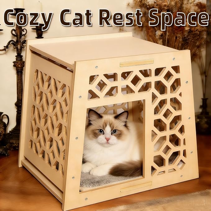 Indoor Solid Wood Cat House, Handcrafted Vintage Carved Hollow Design, Natural Wood Finish, Easy Assembly & Cleaning, Elegant Pet Shelter for Feline Friends