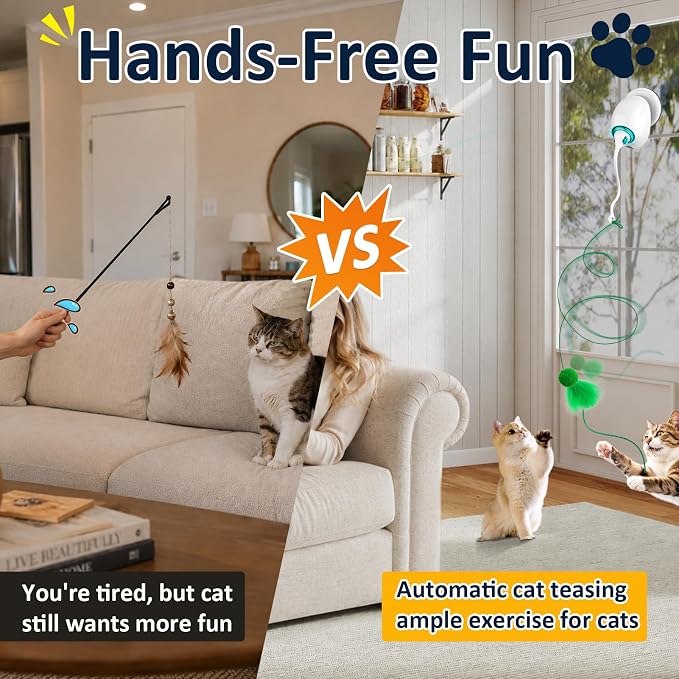 Interactive Cat Toys for Indoor Cats, Automatic Flying Feather Wand, Suction Cup Design, USB Rechargeable, Wall-Mounted Hanging Cat Toys for Bored Indoor Adult Cats