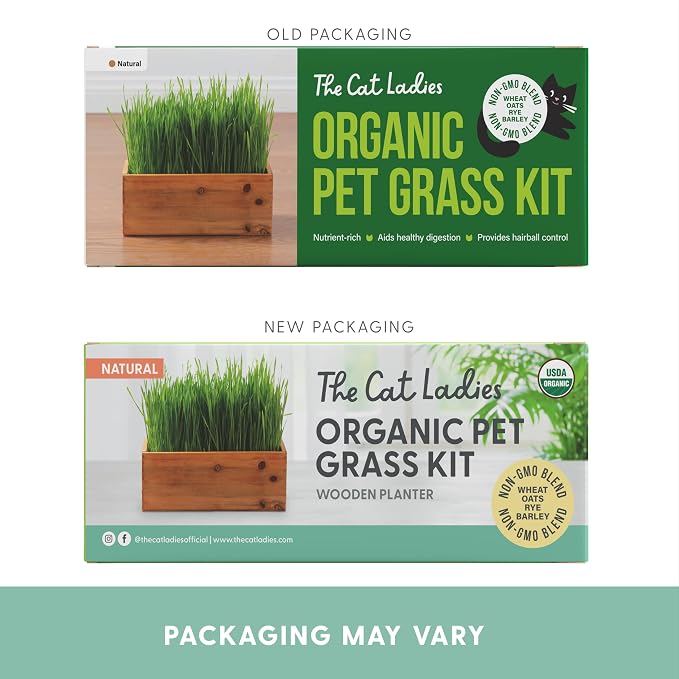 The Cat Ladies Cat Grass Kit with Rustic Wood Planter, Seed and Soil. Easy to Grow for Indoor or Outdoor Cats, Dogs and Other Pets. Prevent Hairballs and Aid Digestion