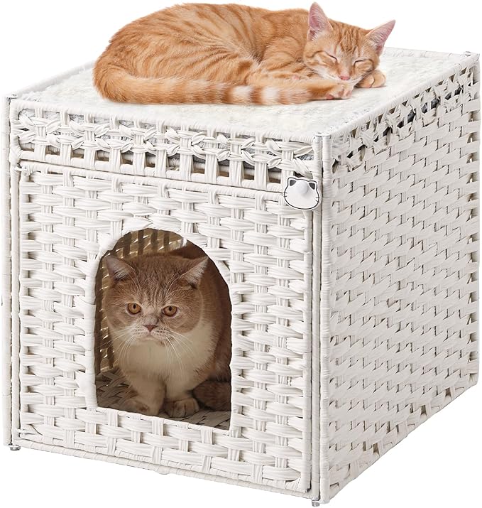 SETVSON Cat Beds for Indoor Cats Extra Large Double Cat Cave Pet Cube, Handwoven Rattan Cat Houses with Double-Sided Soft Cushions, 18.5 x 20.5 x 19.1 Inches Foldable Hideaway in Living Room White