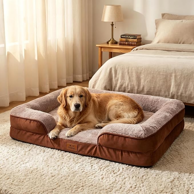 Orthopedic Dog Bed for Extra Large Dogs - Gel Memory Foam Pet Bed with Waterproof & Washable Cover, Contoured Bolster Design for Dogs & Cats (Brown, 44.0" L x 31.5" W x 7.5" Th)