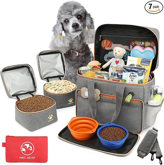 Dog Travel Bag for Traveling| Week Away/Overnight Dog Travel Accessories with Multi-Function Pockets| Travel Set for Dogs and Cats|Ideal Pet Diaper Bag and Pet Gift Kit(Grey)