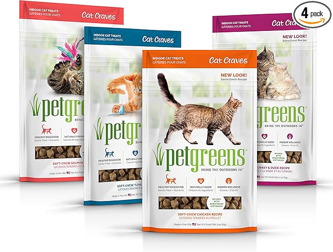 Pet Greens Soft-Chew Indoor Cat Treats Infused with 4 Pack of Semi-Moist Craves Savory Salmon, Deep Sea Tuna, Roasted Chicken and Turkey and Duck Flavored Treats