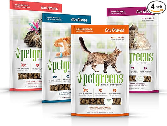 Pet Greens Soft-Chew Indoor Cat Treats Infused with 4 Pack of Semi-Moist Craves Savory Salmon, Deep Sea Tuna, Roasted Chicken and Turkey and Duck Flavored Treats