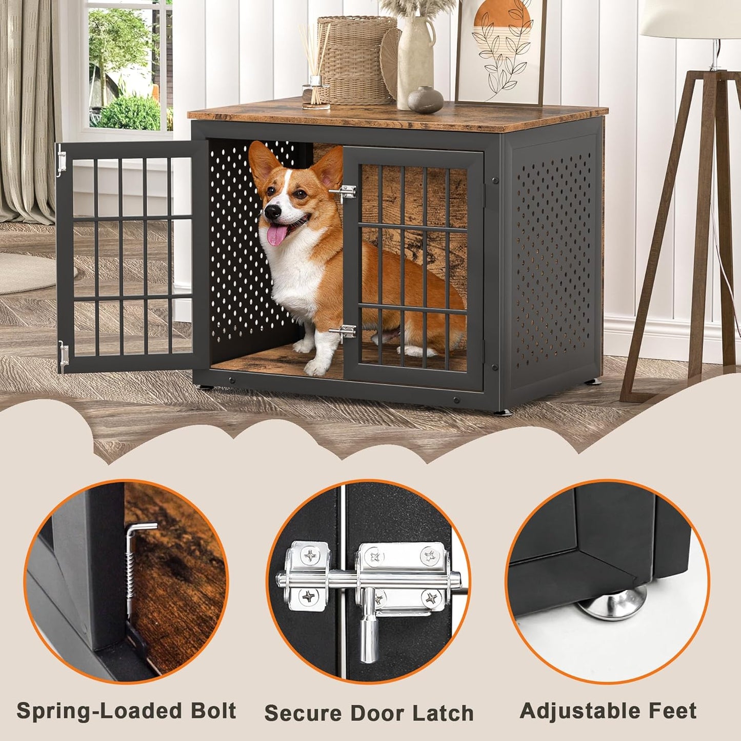 32" Heavy Duty Dog Crate Furniture for Small and Medium Dogs, Metal Kennel for High Anxiety Dogs, Chew Proof Pet Cage Indoor, Decorative Dog Kennel End Table