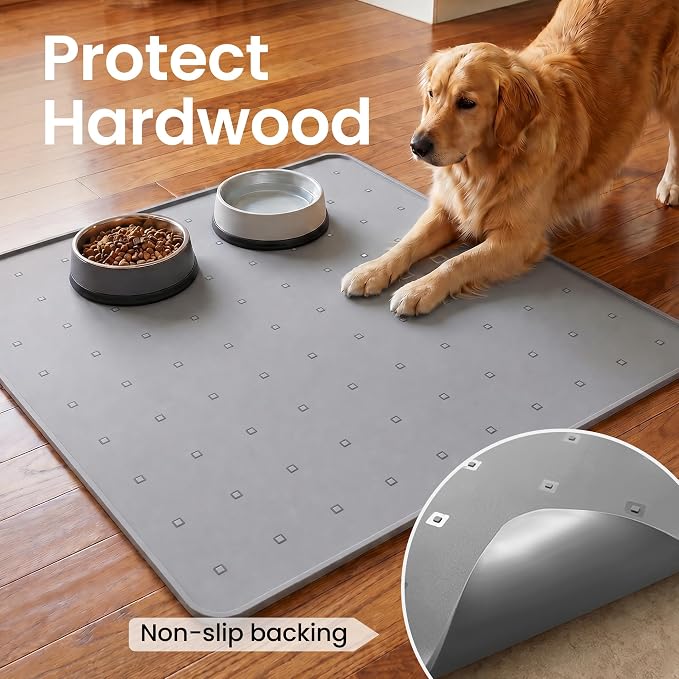 Silicone Pet Feeding Mat, 26x26 Inch Waterproof Dog Bowl Mat – Non-Slip, Machine Washable, Thin 0.28 Inch Edge for Messy Eaters, Protects Hardwood & Tile Floors, Dark Grey