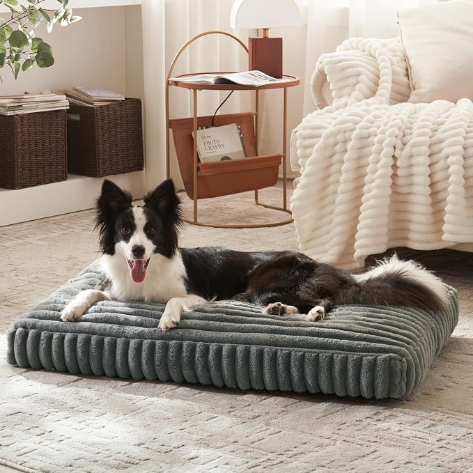 XL Dog Bed, Flat Pet Beds with Removable Washable Cover, Pet Mat Cute Dog Crate Bed Thick Shredded Chopped Crate Foam & Anti Slip Bottom for Indoor, 42"x27"x4"