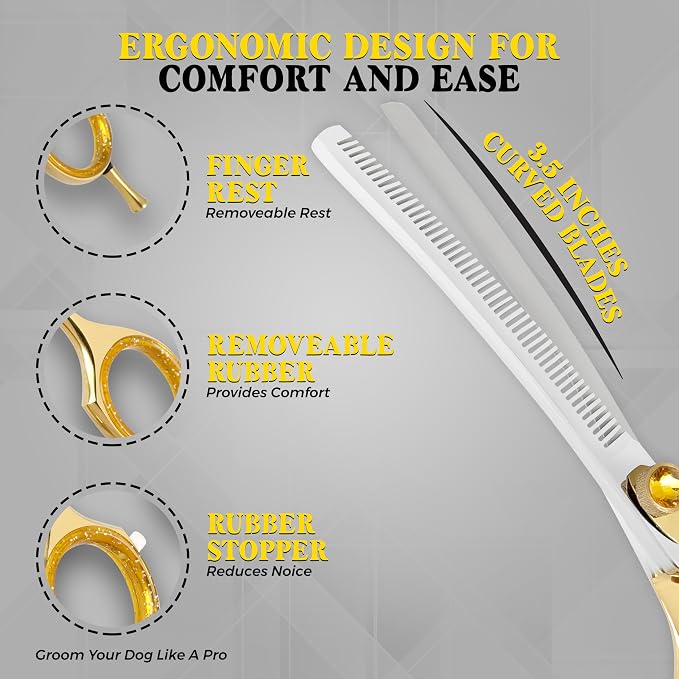 7.5” Curved Thinning Shears for Dogs and Cats – 34 Tooth Professional Pet Grooming Scissors – Smooth, Quiet Blending Shears for Face, Ears, Chest and Legs, Ergonomic Design for Home and Pro Use