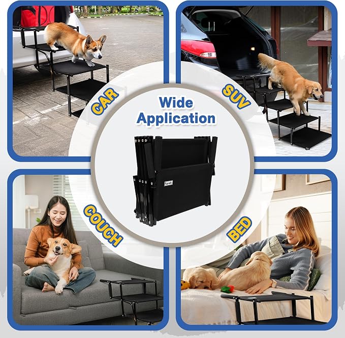 Dog Stairs for Large Dogs, for Medium Dogs, Foldable Dog Ramp for Car & SUV, Steps for Bed, Extra Wide Non-Slip Pet Steps for Car Side Door, Truck & High Beds, Portable & Adjustable - 19" Wide