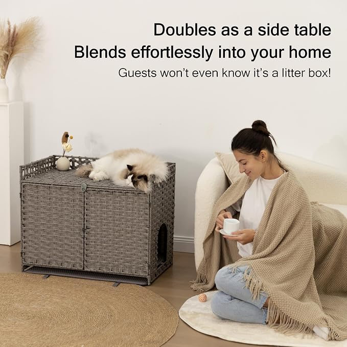 Furriends Cat Litter Box Enclosure with 2 Litter Mats, Hidden Litter Box Cabinet for Dust and Order Control, Litter Box Hider, Handwoven Rattan Cat House with Three-sided Fenced Top (Grey)
