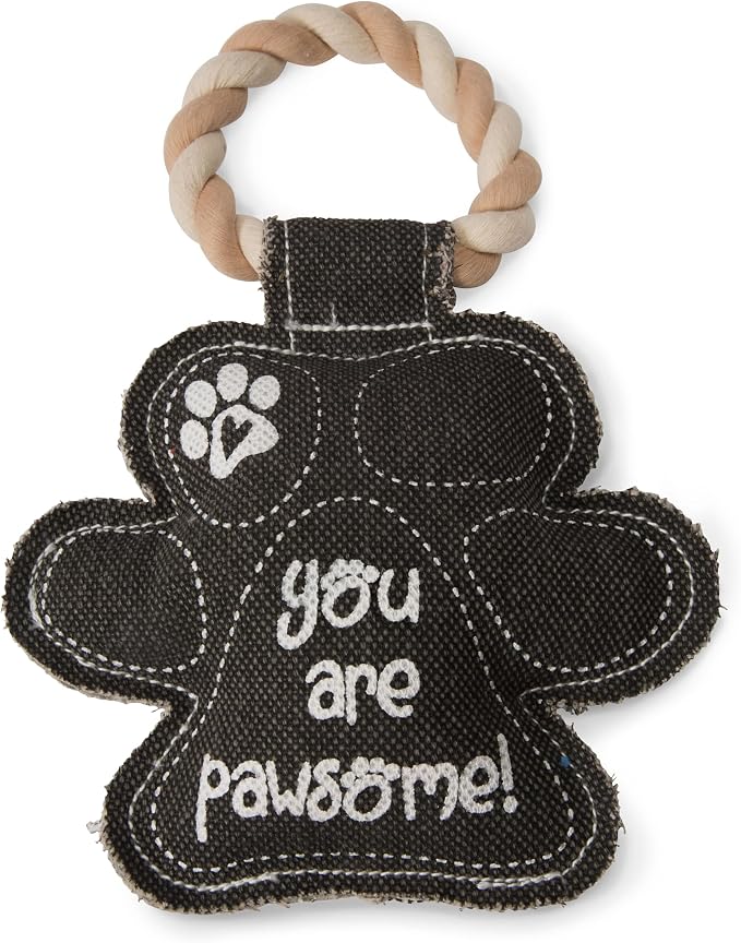 Pavilion Gift Company Gray Paw Print You are Pawsome! Canvas and Rope Dog Squeaky Toy
