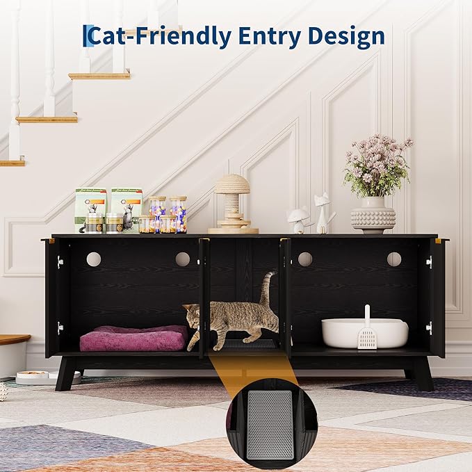 Garvee Cat Litter Box Enclosure for 2 Cats, 59" Hidden Litter Boxes Furniture with Cat Litter Mat, Large Indoor Pet House with Double Room, Wooden TV Stand Side Table, Black