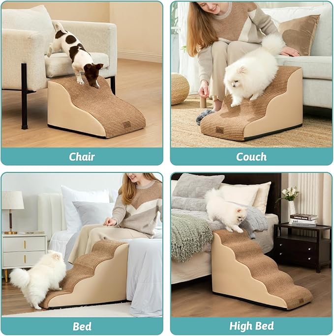 COZY KISS Dog Stairs for Small Dogs 15.7" H, Curved Dog Step for Puppy, Older Cat, Medium Pet Ramp for Sofa, Couch or Chair, Ladder with High Density Foam, 3 Step, 15.7x22.4x15.7 inch, Light Brown