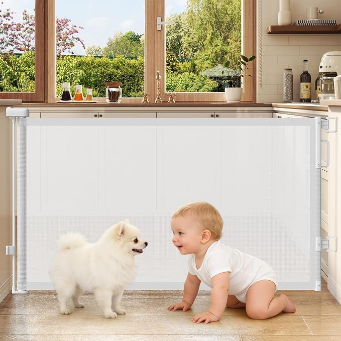 Retractable Baby Gates for Doorways, 58" Extra Wide Mesh Child Dog Gate for Stairs, 34" Tall Toddler Pet Gate Indoor and Outdoor, Easy Install, Home Necessity, White