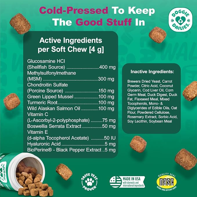 Doggie Dailies, Advanced Senior Hip and Joint Supplement for Dogs, Glucosamine Chondroitin, Premium Hip and Joint Chews for Dogs All Breeds & Sizes, Dog Vitamins and Supplements, (Duck) 120 Chews