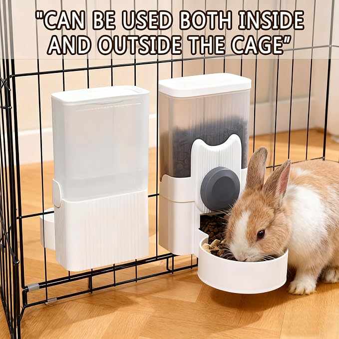 kathson Hanging Automatic Pet Food and Water Dispenser,Gravity Auto Rabbit Feeder for Cage,Guinea Pig Feeder and Waterer Set,Cat Food Bowl Dog Feeding Station for Bunny,Ferret,Chinchilla (Grey)