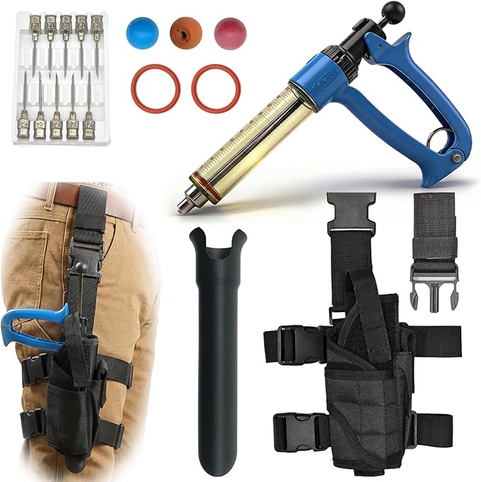 50mL Adjustable Repeater Syringe + Heavy Duty Belt Holster Continuous Injector (1-5mL) & Hands Free Carrier Bundle for Cattle, Sheep & Swine, Blue Syringe & Black Holster