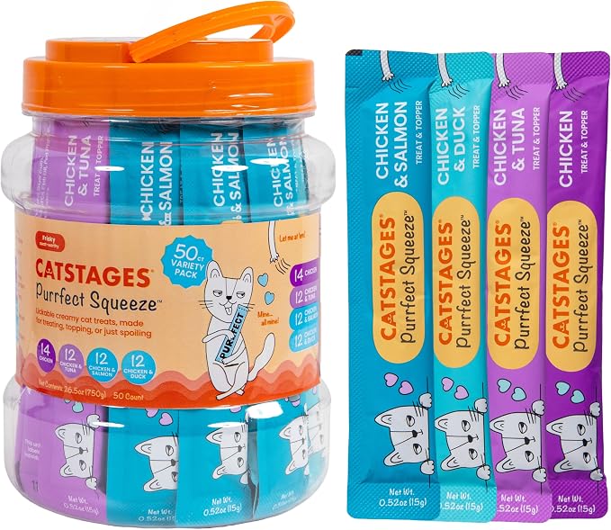 Catstages Purrfect Squeeze Lickable Wet Cat Treats, Creamy Purée Treat & Topper, Made with Real Chicken, Clean Ingredients, No Artificial Preservatives, 0.5 oz Tubes, 50-Count, 4-Flavor Variety Pack