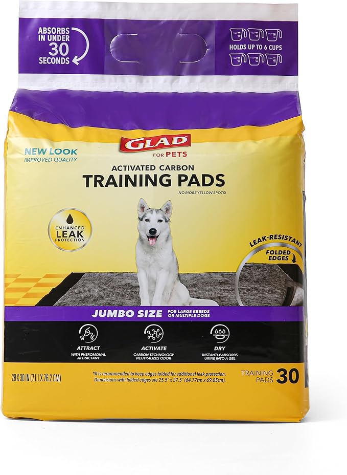 Glad for Pets Charcoal Puppy Pads | Standard (100 Ct) & Extra Large (30 Ct) Pee Pads | Absorbent Disposable Potty Training Pads for Dogs & Puppies with Odor-Neutralizing Technology