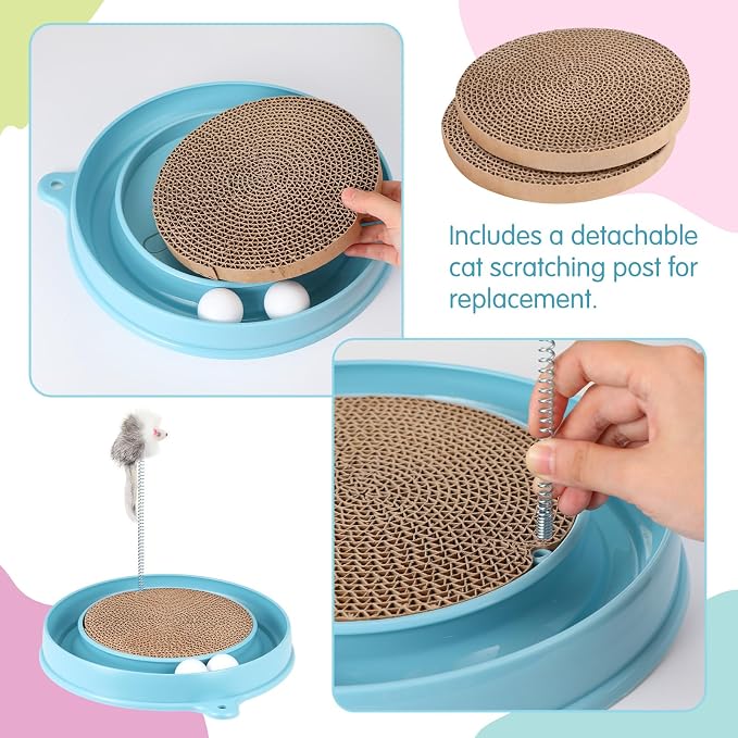 AceOrbit 3 Pcs Cat Ball Track Toy, Include 1 Round Cat Scratcher Toy with 2 Cats Scratching Board Pad Replacement, Interactive Toys Track and Plush Mouse Toys for Indoor Cats Kitten