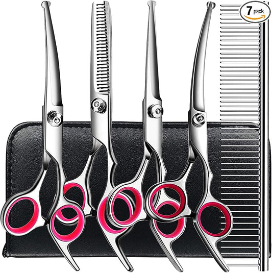 TINMARDA Dog Grooming Kit, Professional Stainless Steel Dog Grooming Scissors with Curved Shears, Pink Finger Rings - 5 Piece Sharp Durable Pet Shears for Dogs Cats At Home Salon-Quality Grooming