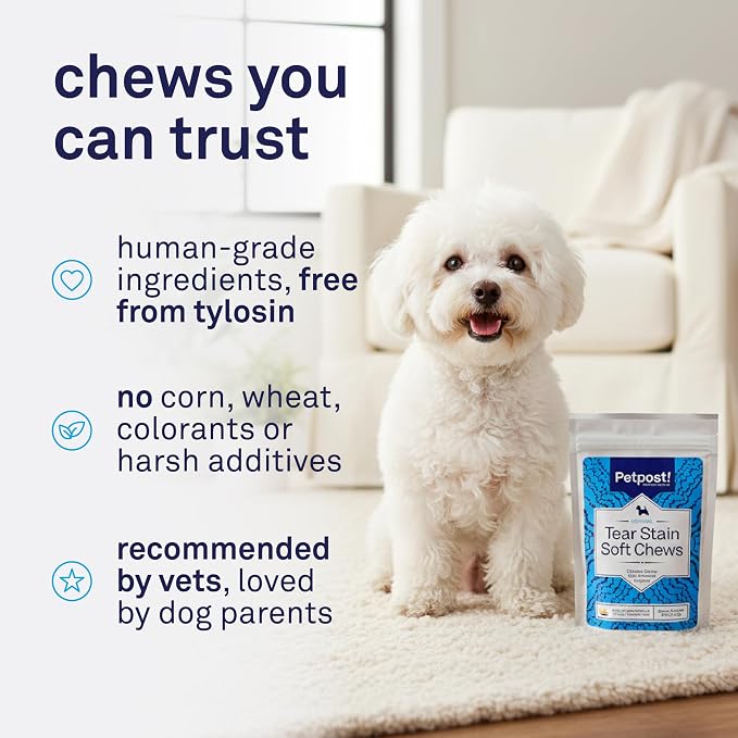 Petpost Tear Stain Remover Soft Chews for Dogs | 90 Count Chicken Flavor Dog Tear Stain Support Supplement | Gentle Eye Care for White Dogs & Light Breeds | Tylosin Free, Made in USA