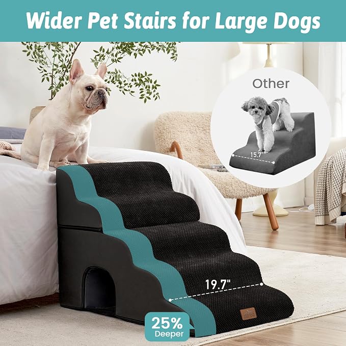 COZY KISS Extra Wide Dog Stairs with Tunnel, Detachable Large Pet Step for Small Medium Dog, Puppy or Cat, Ramp for High Bed, Couch, Sofa or Car, Stable, 19.7x33x22.4 inch, 5 Step, Black