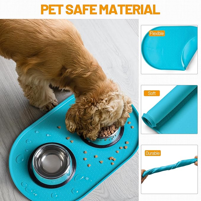 Hubulk 100% Waterproof Silicone Pet Feeding Mat with Raised Edge for Food and Water, Dog Bowl Mats, Cat Bowls Placemat with High Lip Protects Floor for Cats and Dogs (Teal, 32" L x 24" W)