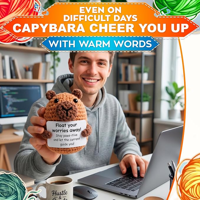 Reluen Crochet Capybara, Float Your Worries Away Handmade Capybara Crochet Figurine with Affirmation Message Card, Desk Decor Gift for Women Men Mom Daughter Sister Coworker Birthday