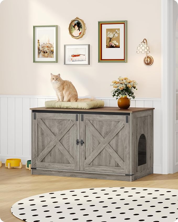 Hzuaneri Cat Litter Box Enclosure with Cushion, Hidden Litter Box Furniture with Removable Dividers, Reversible Entrance Left or Right Side, Cat House, Greige CB84705X