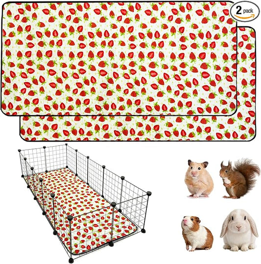 2 Pack Guinea Pig Cage Liners, 24"x60" Washable Waterproof Bedding for Rabbit, Bunny, Hamster & Small Animals, Reusable Super Absorbent Pee Pads for C&C Cage, Strawberry Print
