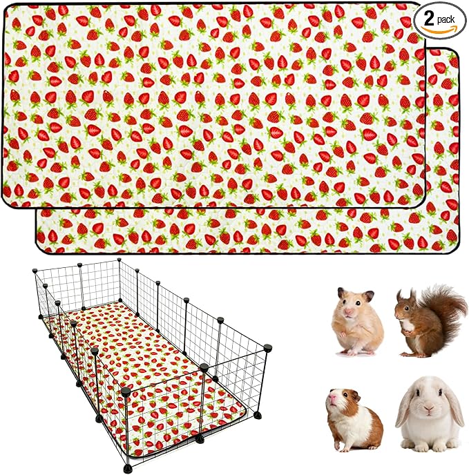 2 Pack Guinea Pig Cage Liners, 28"x 70" Washable Waterproof Bedding for Rabbit, Bunny, Hamster & Small Animals, Reusable Super Absorbent Pee Pads for C&C Cage, Strawberry Print