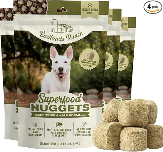BADLANDS RANCH Superfood Nuggets – Freeze-Dried Raw Dog Treat & Food Topper, Nutrient-Dense Beef Tripe & Kale Formula, High Protein, No Artificial Additives, 8oz Bags (4-Pack Bundle)