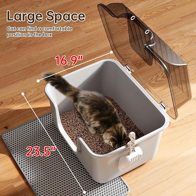 Oneluck Large Cat Litter Box with Lid and Sifting Mat, 24 Inch High Sided Enclosed Cat Litterbox for Indoor Cats, Translucent Hooded Design for Easy Cleaning, Extra Thick Plastic