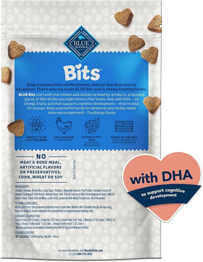 Blue Buffalo Bits Soft Dog Treats for Training, Made with Natural Ingredients & Enhanced with DHA, Chicken Recipe, 4-oz Bag, (Pack of 6)