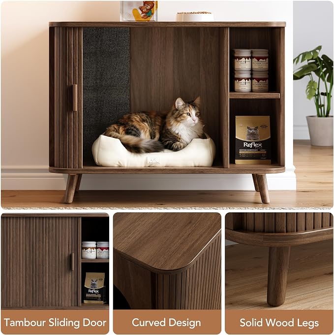 35.4" Cat Litter Box Enclosure with Sliding Door – Wooden Hidden Litter Box Furniture with 2-Layer Shelves, Side End Table for Living Room, Brown